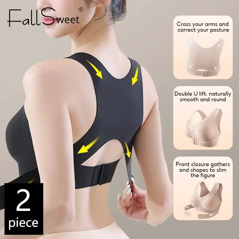 FallSweet 2-piece posture correction bra set, black seamless wireless bralette with cross-back support