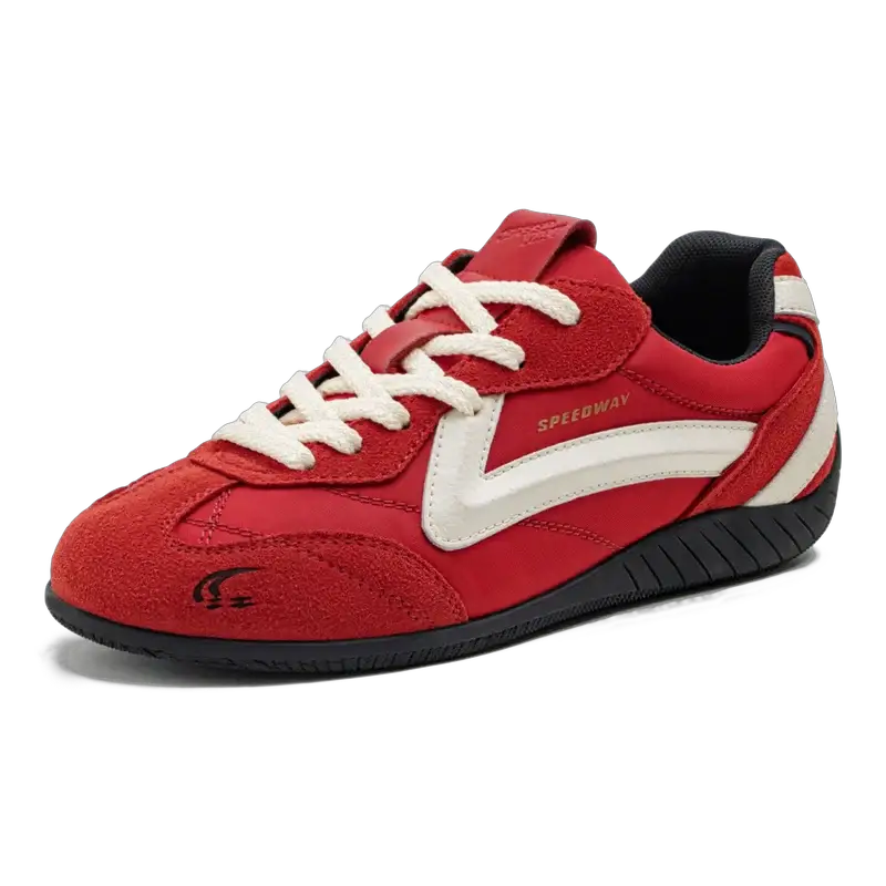 Simples Market Maden red unisex racing sneaker with white side stripe, lace-up, black sole.