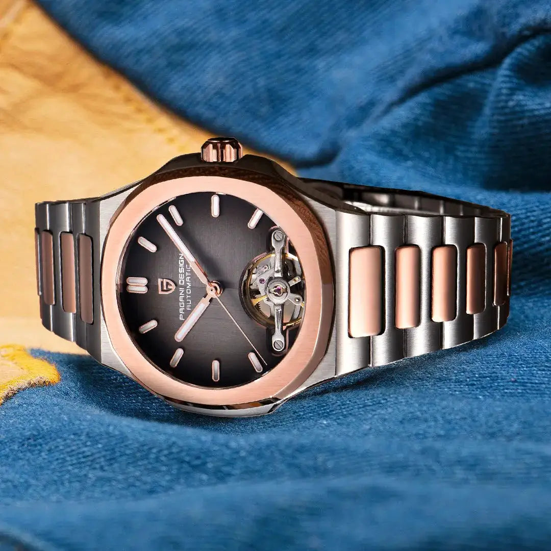 PAGANI DESIGN men's skeleton open-heart automatic watch with rose-gold bezel and two-tone stainless steel bracelet
