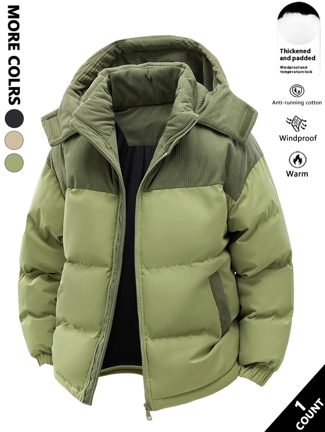 Simples Market men's hooded cotton jacket in olive green, thick padded and windproof warm coat