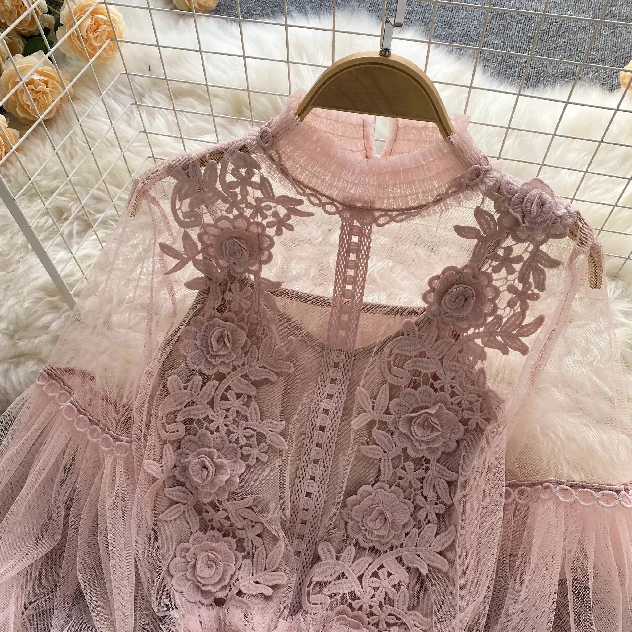 Pink lace puff-sleeve blouse with floral embroidery on sheer fabric, women's top