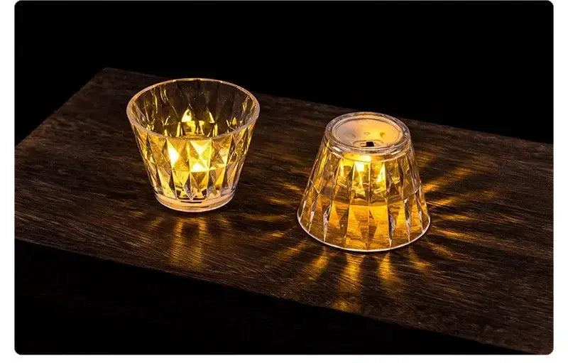 Mini crystal table lamp set of 2 with warm amber LEDs on a wooden surface