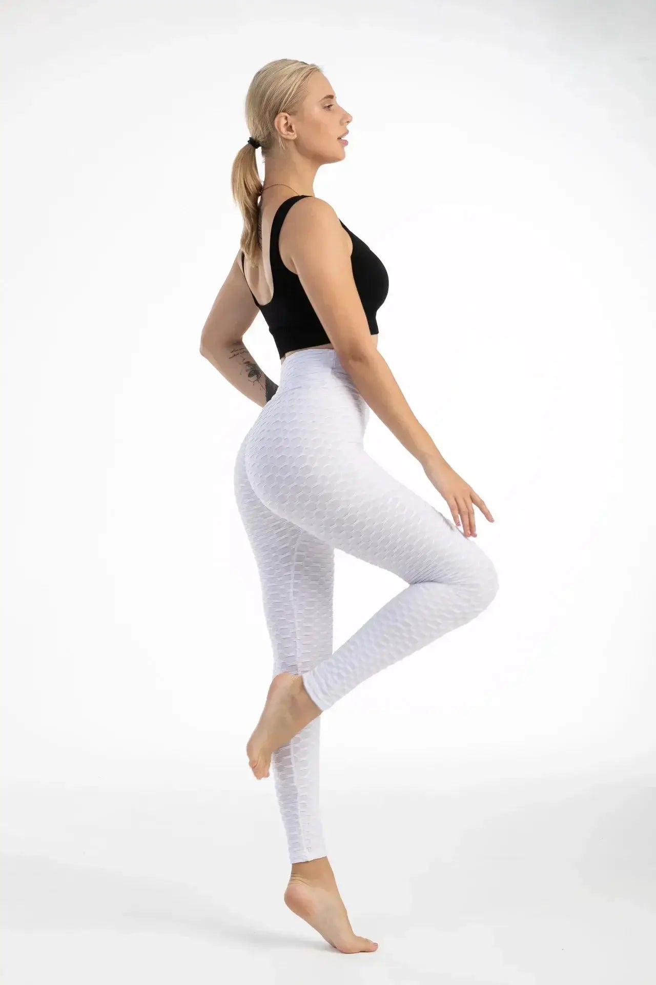 Women high-waist bubble leggings, seamless honeycomb texture, white gym yoga pants