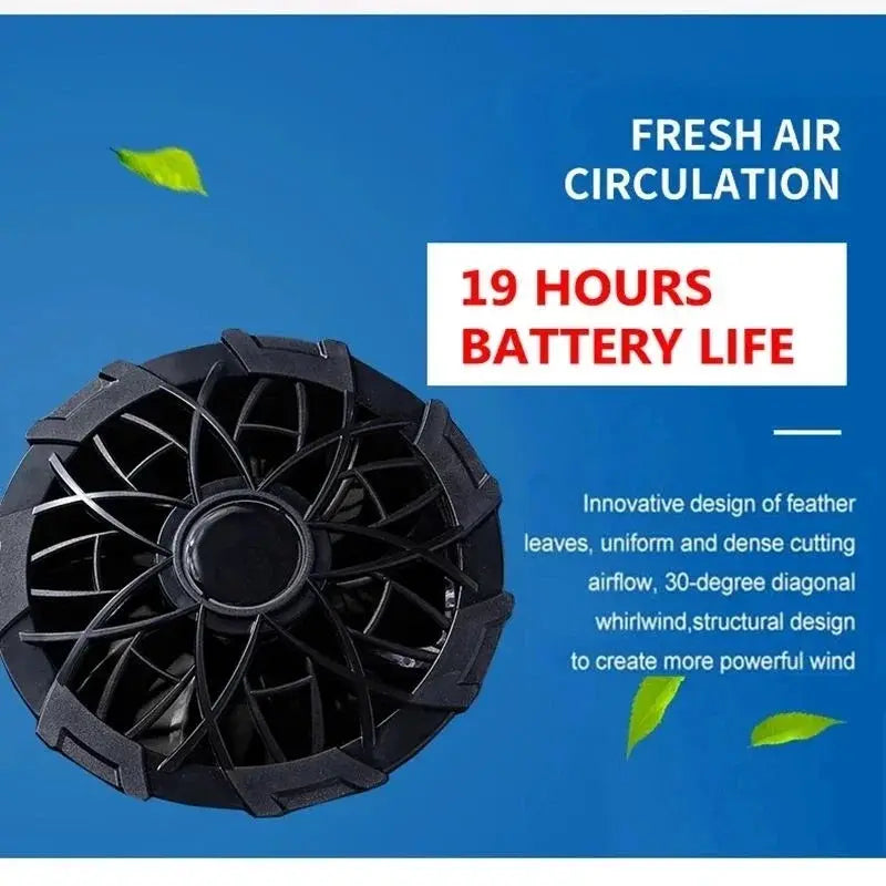 Black circular portable fan blade hub on a blue background displaying Fresh Air Circulation and 19 Hours Battery Life