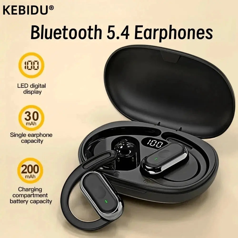 KEBIDU Bluetooth 5.4 Earphones; two black wireless earbuds in charging case