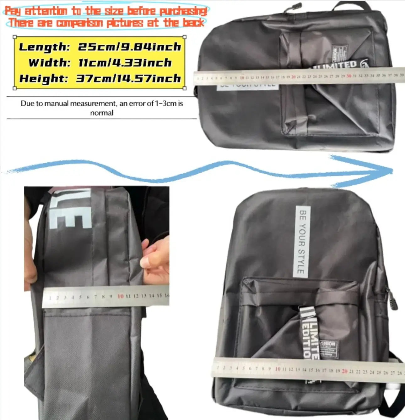 Simples Market black fashion backpack, large-capacity Korean version for men and women; front zip pocket.