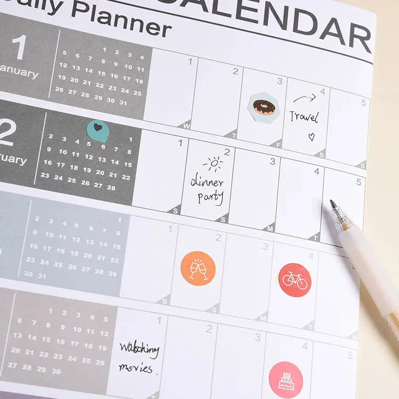 2026 yearly wall calendar page; white paper with 12 months, daily boxes and travel, dinner party, bike icons.