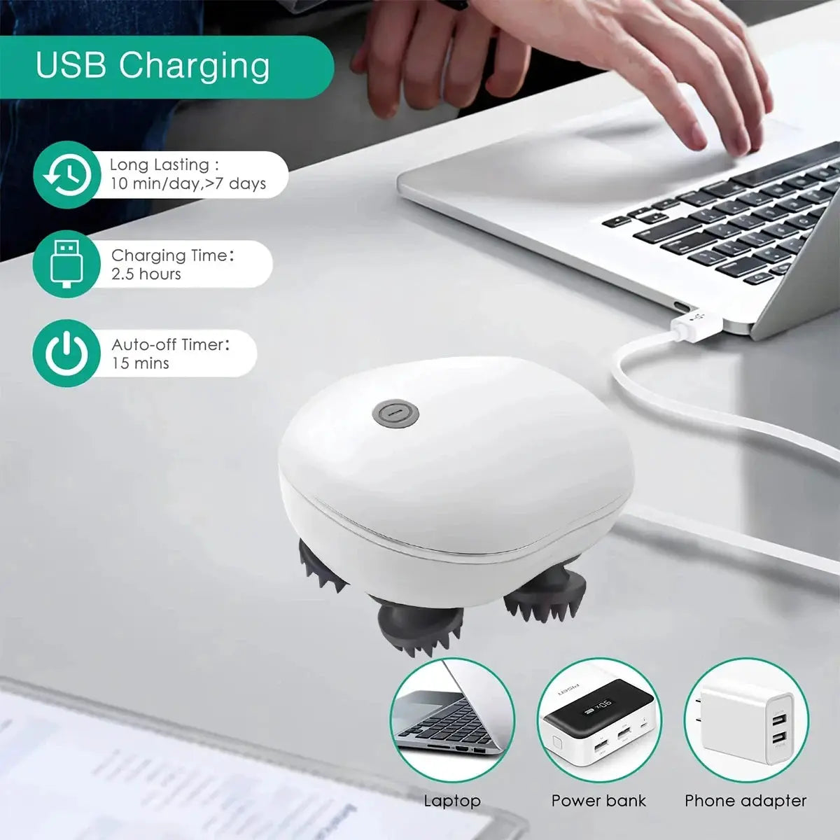 Simples Market 2-in-1 electric scalp cleaner and pet massager, white, USB rechargeable