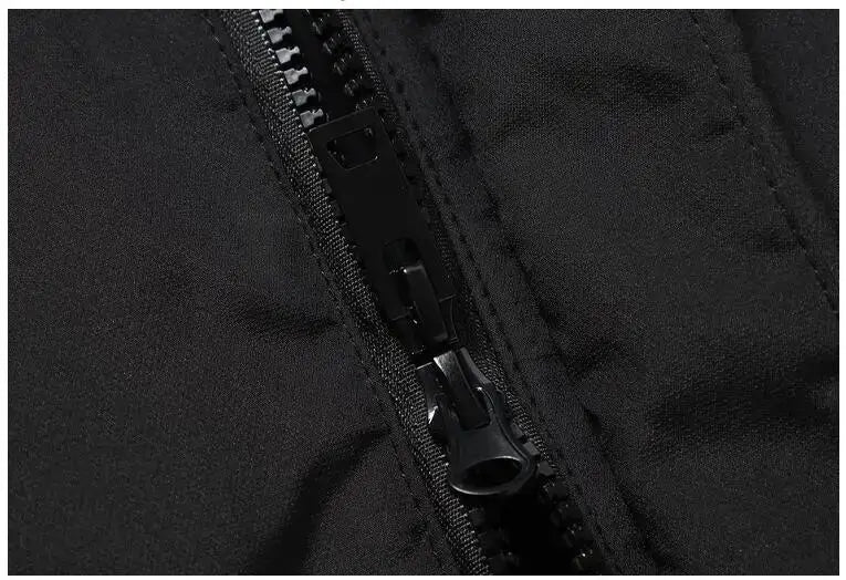 Men's hooded puffer jacket zipper detail in black fabric