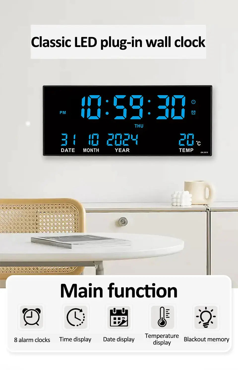 Simples Market digital large LED wall clock, black case with blue digits; displays time, date and temperature.