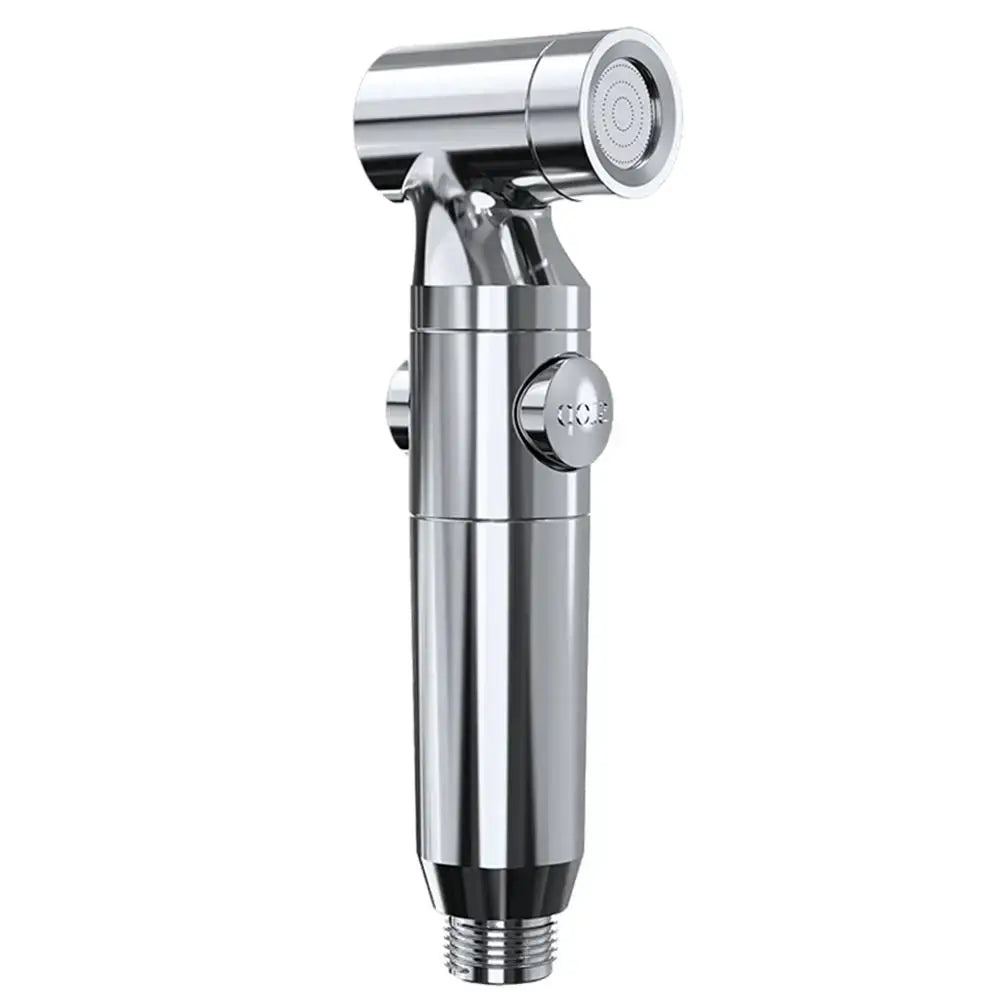 Chrome handheld bidet sprayer with adjustable nozzle and trigger control for bathroom use.