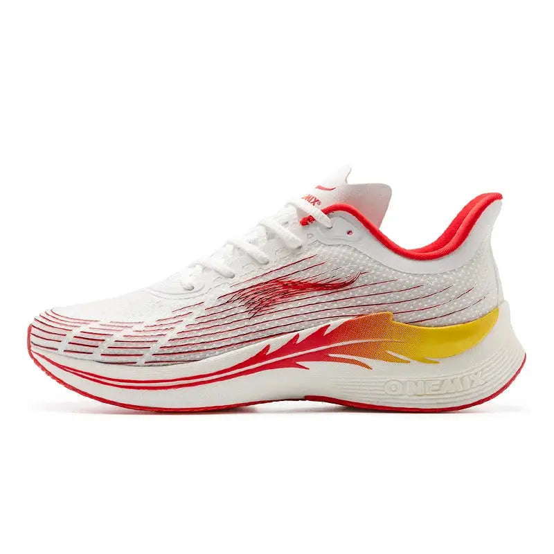 Onemix white running shoe with red accents and a gradient orange-yellow midsole; breathable mesh upper