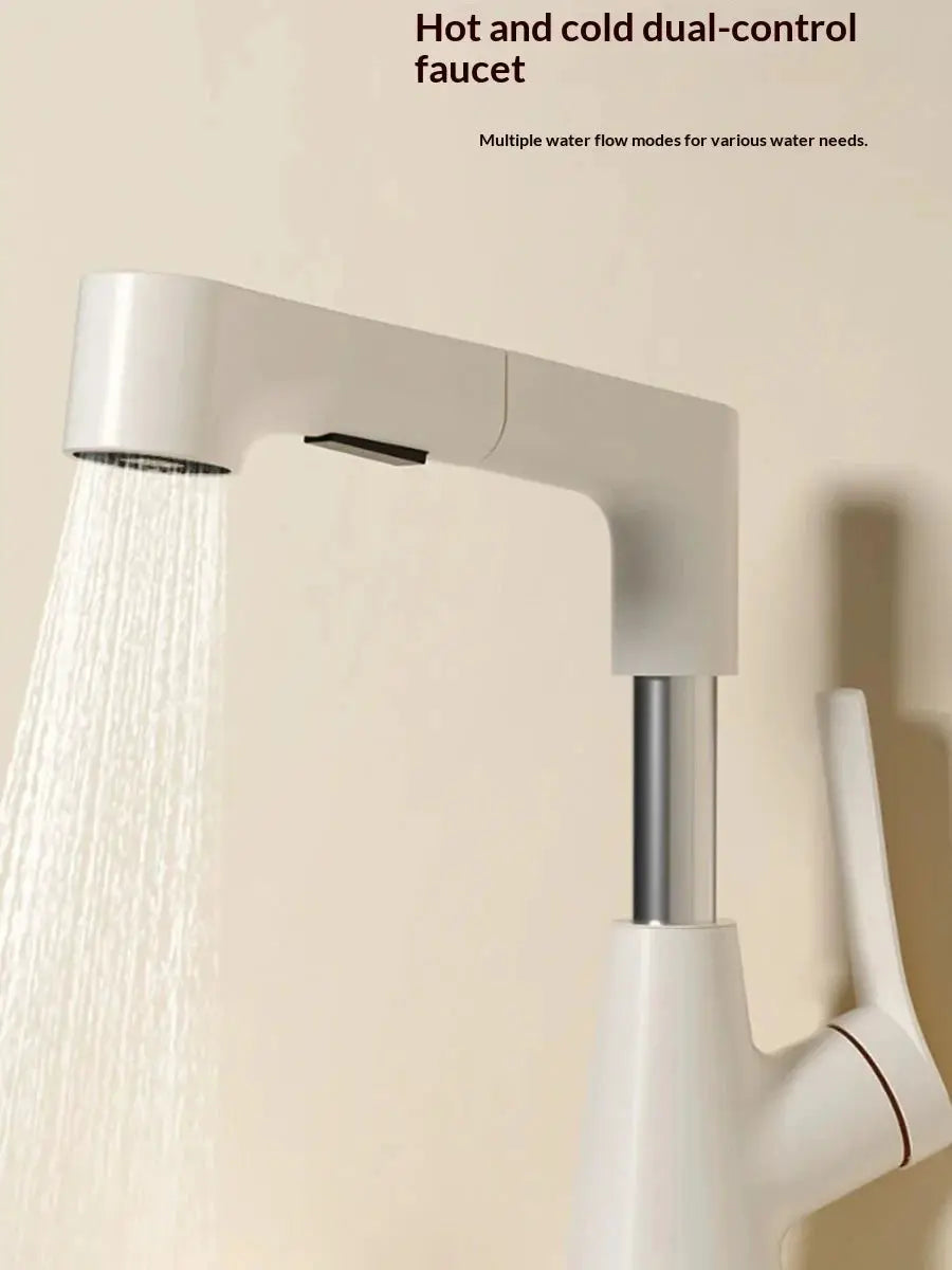 Bathroom faucet by Simples Market; white pull-out, liftable, 360° rotatable mixer tap with dual-mode spray.