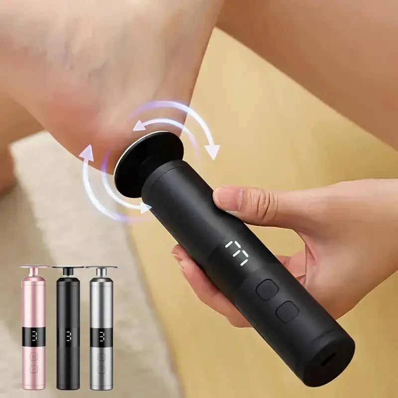 USB charging foot grinder by Simples Market; black 2-in-1 foot and nail care device with digital display, shown with four color variants.