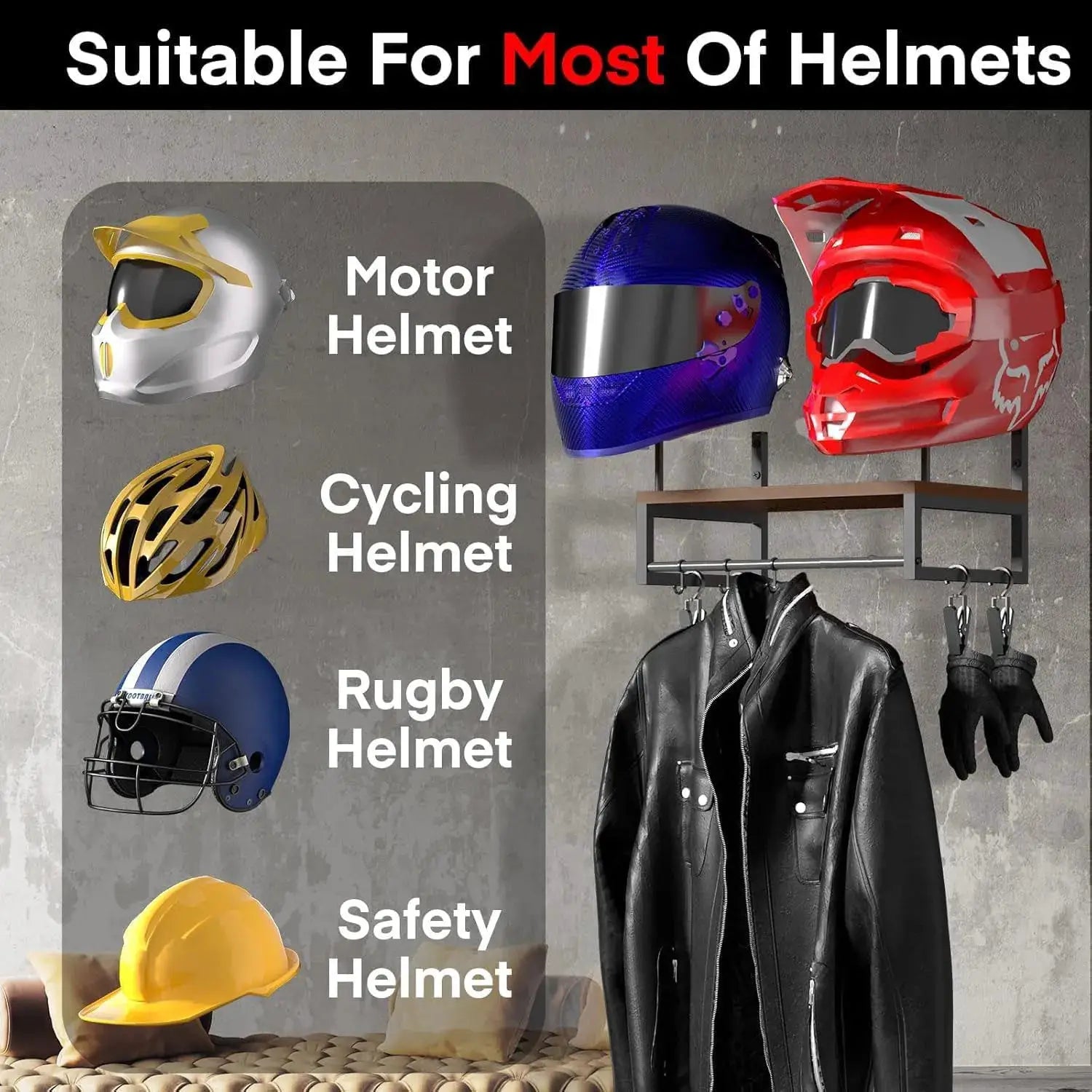 Wooden Motorcycle Helmet Wall Mount With Hooks And Multipurpose Shelf Helmet Display Stand Jacket Holders