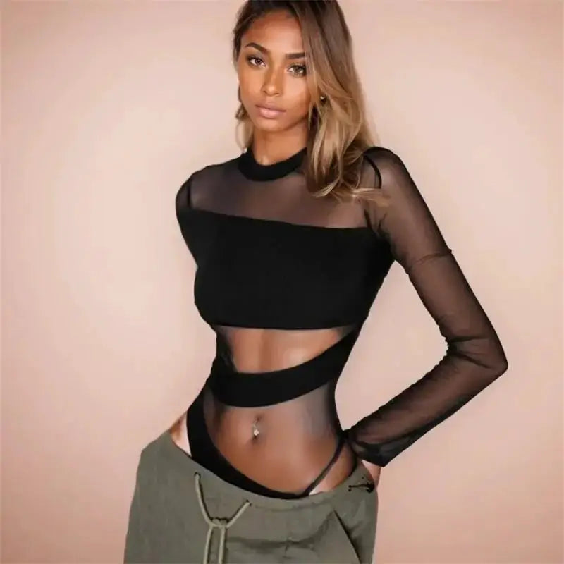 Simples Market black mesh cut-out long-sleeve jumpsuit bodysuit with sheer panels