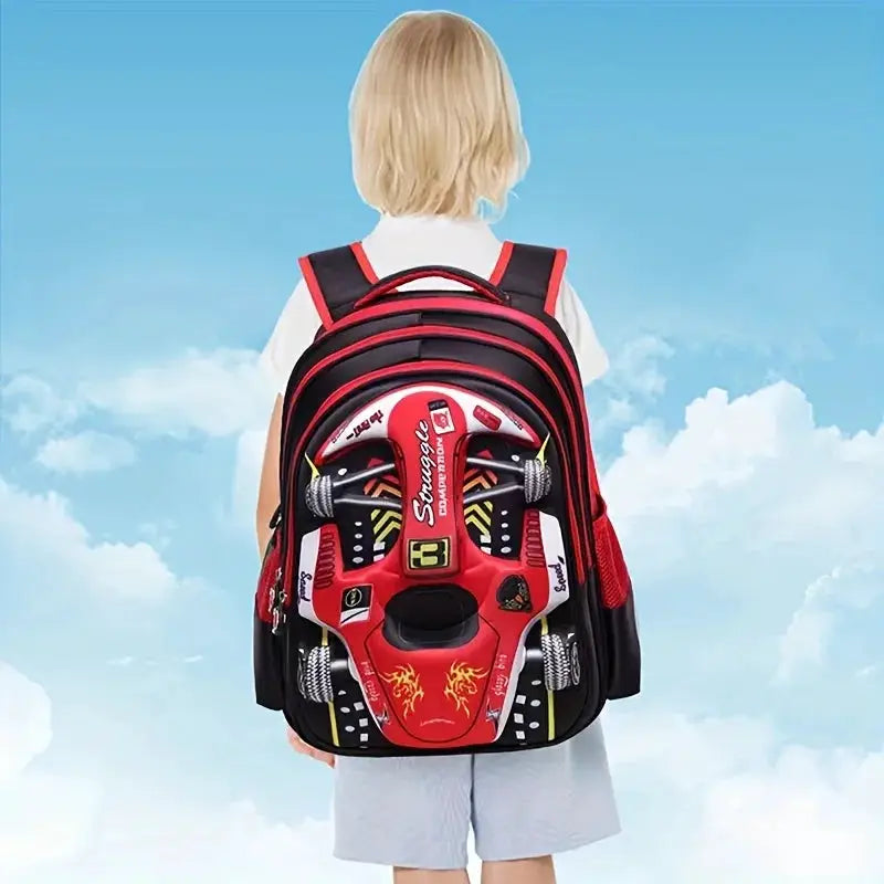 Kids 3D car backpack, red and black, waterproof lightweight school bag for preschool and kindergarten