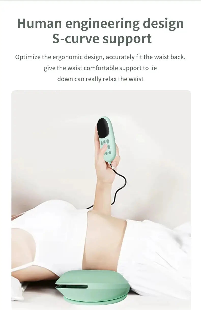 Electric lumbar traction device with heat function, mint green inflatable back stretcher and handheld controller