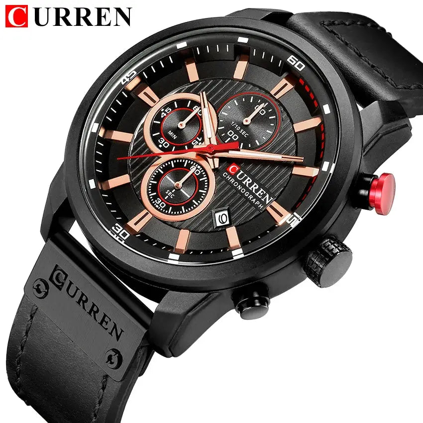 Curren 8291 men's chronograph watch with black leather strap and rose-gold tone dial accents