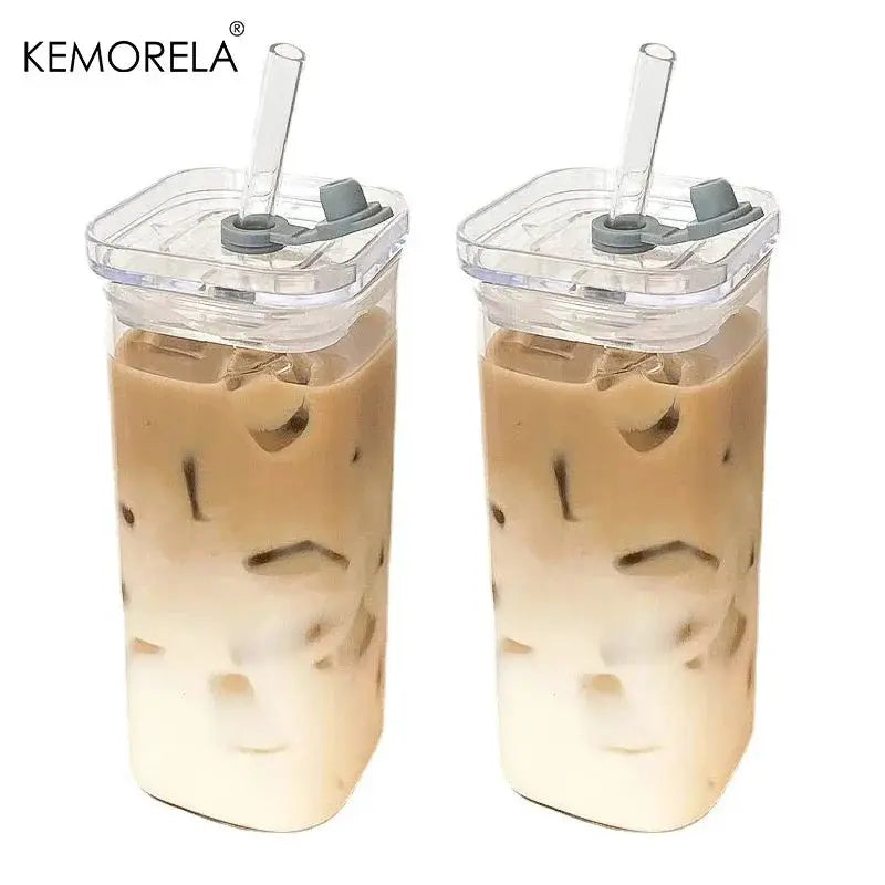 Square Heat Resistant Glass Coffee Cup With Lid And Straw Transparent Milk Tea Juice Cup For Home Bar Drinkware