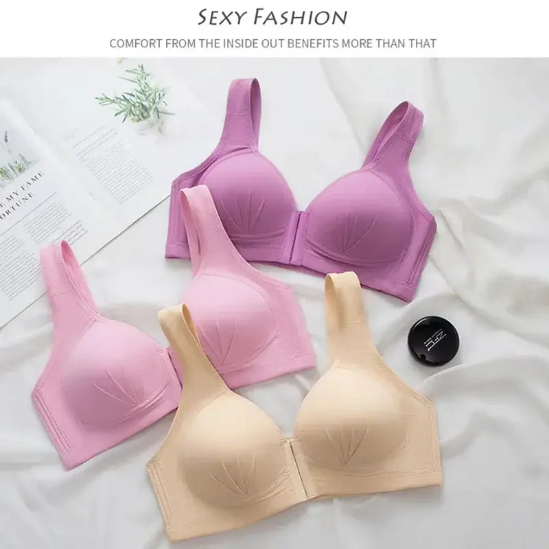 Push Up Front Button Bra set of 4 in nude, pink, and purple by Simples Market