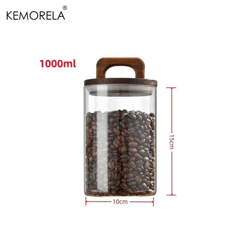 Wood Lid Glass Jar Airtight Canister For Tea Coffee Beans Grounds Candy Kitchen Storage Sealed Jar