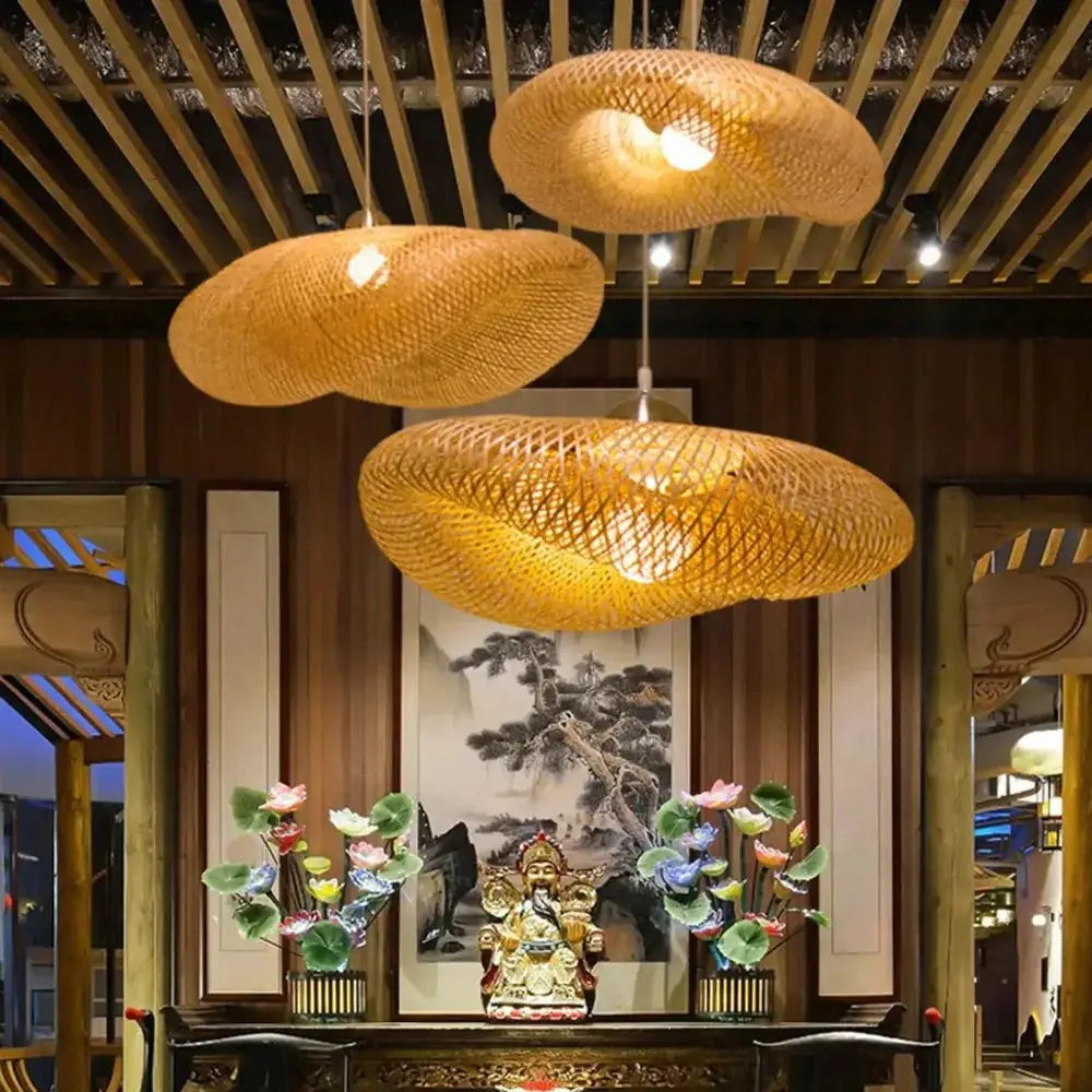 Set of three natural bamboo weaving LED pendant lights, 40–80cm, handmade vintage hanging chandeliers by Simples Market