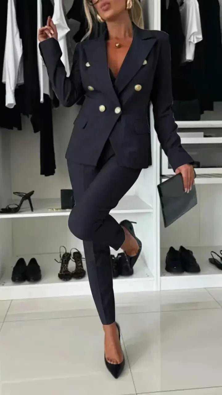Simples Market navy women's 2-piece blazer and trousers suit with gold-tone buttons and tailored fit