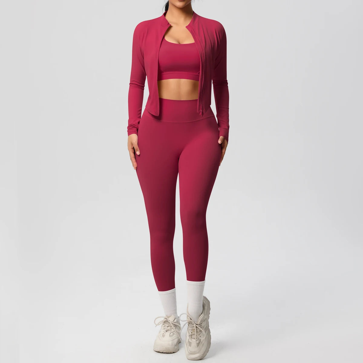 3 Piece Yoga Set for Women Sports Bra Zipper Jacket Leggings Gym Wear