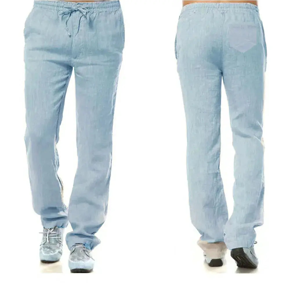 Men's Cotton Linen Pants Breathable Autumn Solid Color Linen Trousers With Elastic Waist And Straight Leg With Pockets