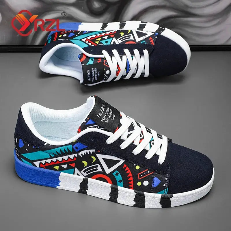 YRZL Men Canvas Sports Running Shoes Geometric Graffiti Print Lace Up Sneakers For Couples
