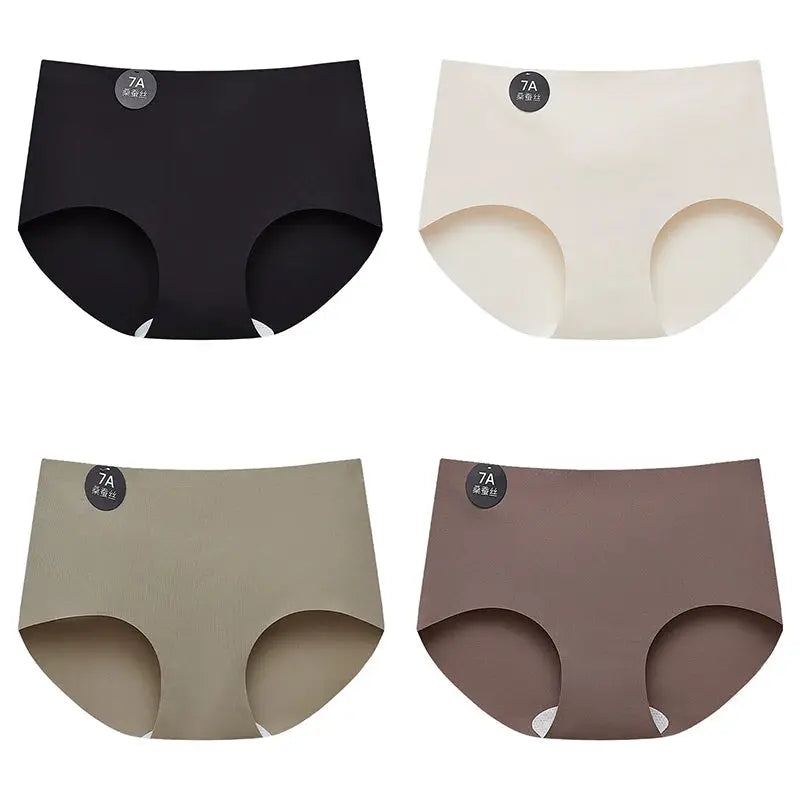 Simples Market Falllsweet 4-piece seamless mulberry silk briefs set for women in black, ivory, taupe, and brown