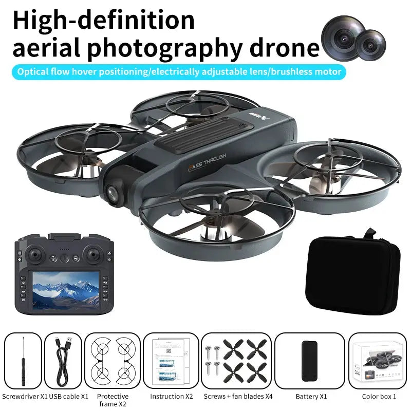 Quadcopter drone with four propeller guards, remote controller, and carrying case