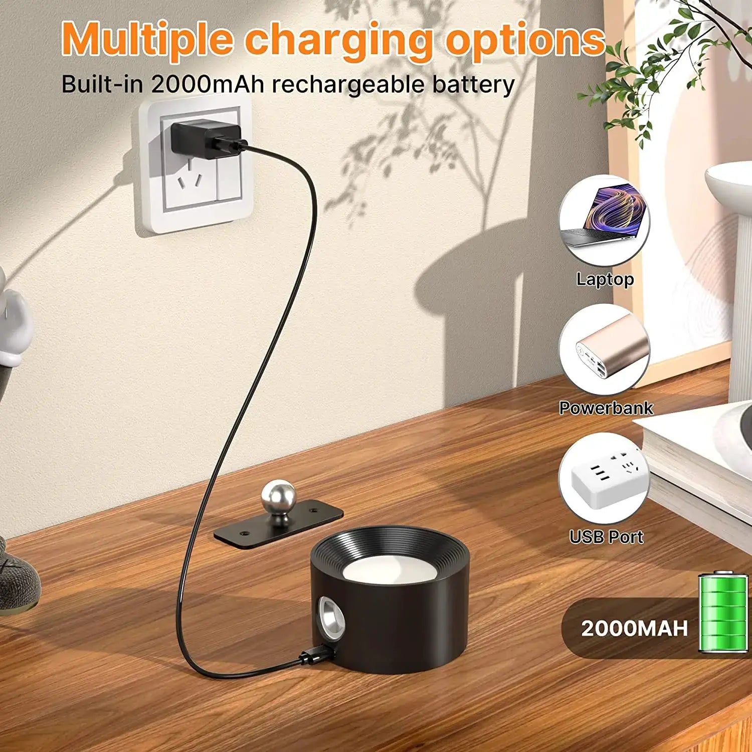 Simples Market LED indoor wall lamp with 2000mAh rechargeable battery, 360° rotation, black cylindrical base