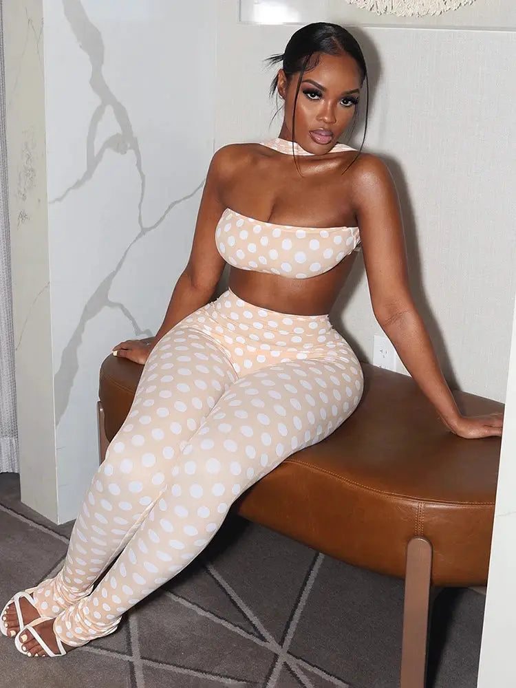 Nibber Hottie Women Dot Print 2 Piece Tracksuit Backless Halter