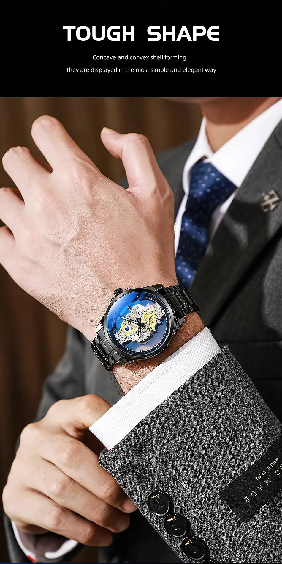 Men's skeleton automatic wristwatch with blue dial and gold gears on a black metal bracelet