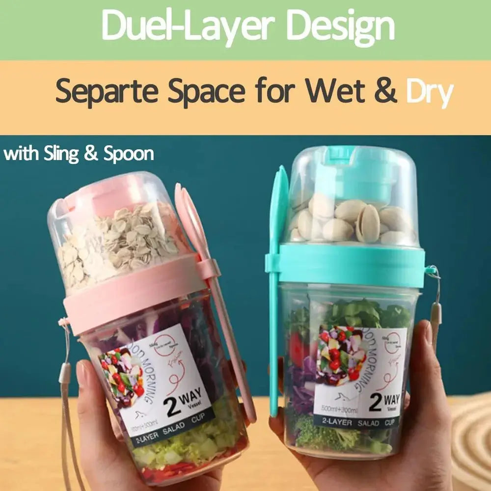 Three Compartment Meal Prep Container With Forks Leakproof Portable For Breakfast Salad Parfait Dressing Jar