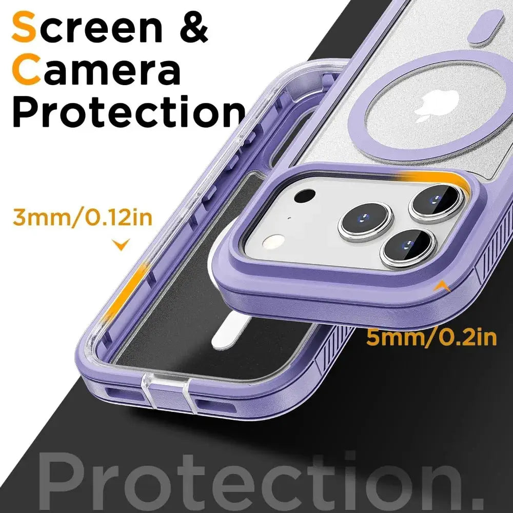 Simples Market matte clear magnetic iPhone case with purple bumper, anti-slip grip and wireless charging protection