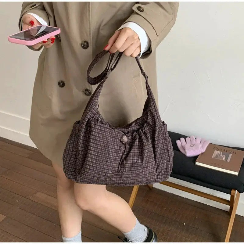 Korean nylon shoulder bag with plaid pattern, drawstring closure, brown check; casual crossbody tote