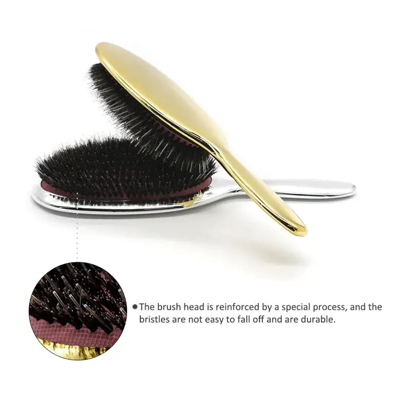 Boar-bristle paddle hair brush two-piece set in gold and silver, anti-static massaging design by Simples Market