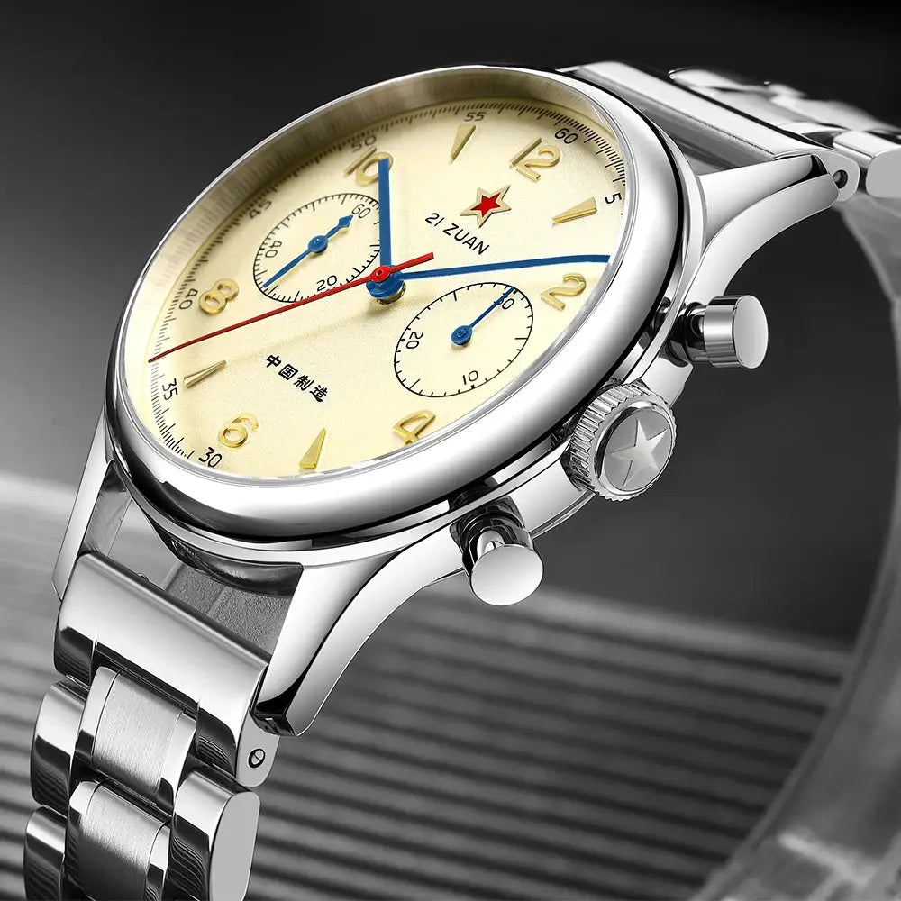 Red Star 38mm men's chronograph watch with stainless steel case and bracelet, cream dial.