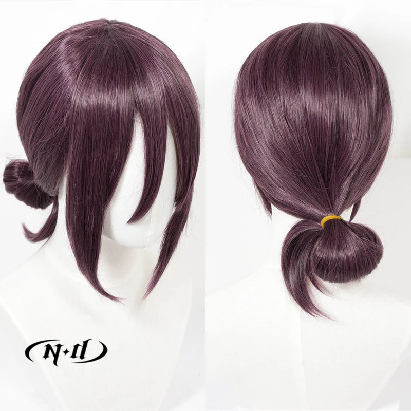 ND Reze cosplay wig by Simples Market; deep purple heat‑resistant synthetic hair with side bangs and a low ponytail.