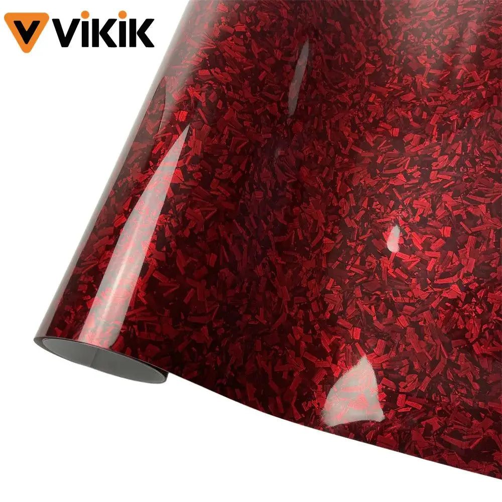 Car vinyl wrap roll with red forged carbon fiber glitter finish; self-adhesive PET film for autos, ViKiK brand logo