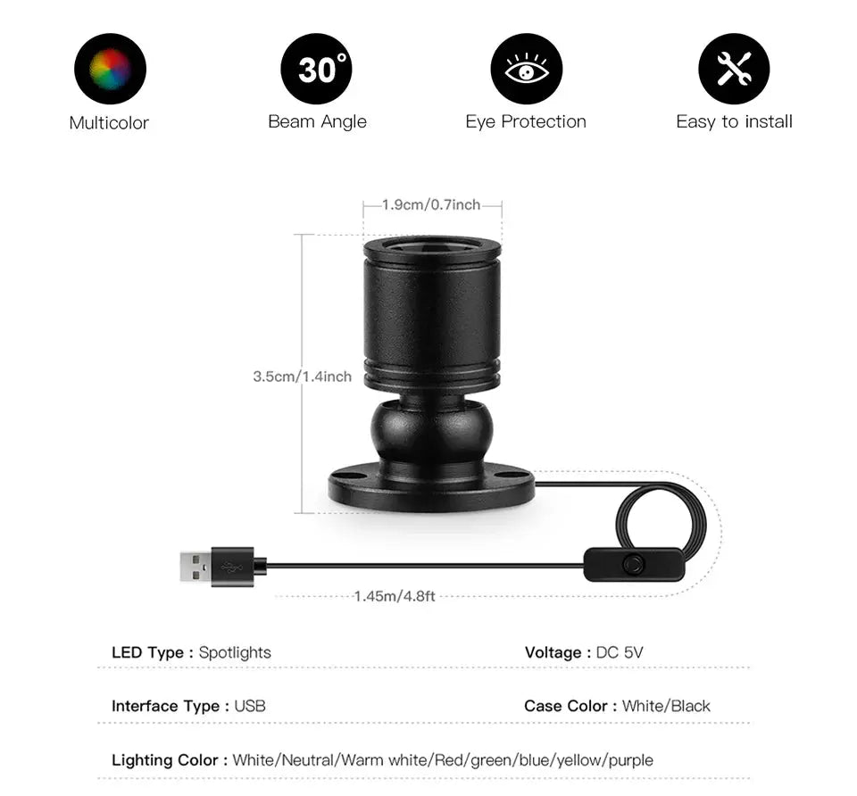 Simples Market Colorful USB LED Spotlight 1W mini ceiling mount with USB cable, multicolor beam