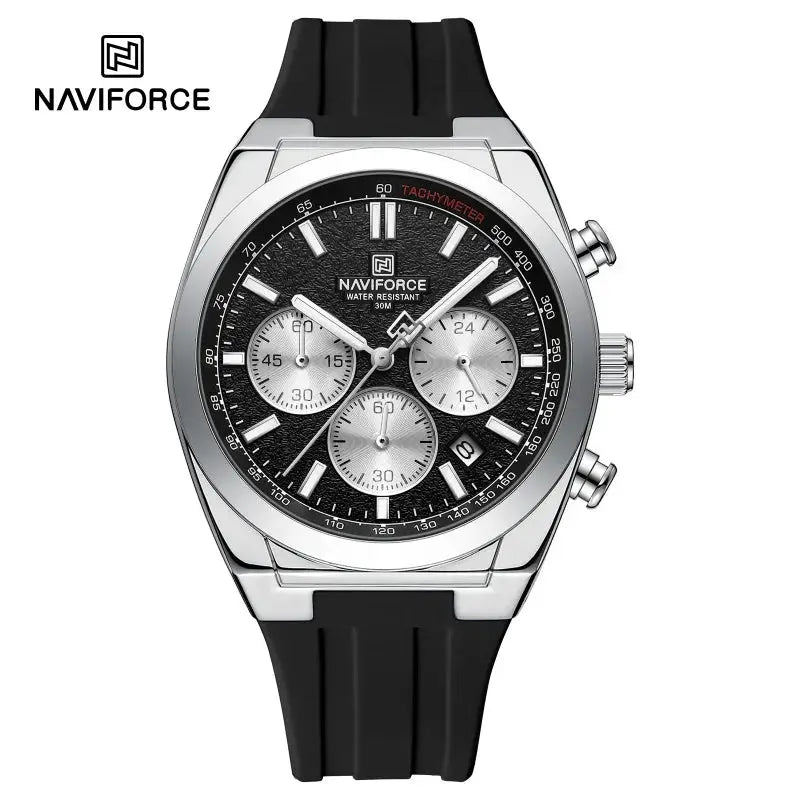 NAVIFORCE men's multifunctional chronograph watch with black dial, silicone strap and 3ATM water resistance