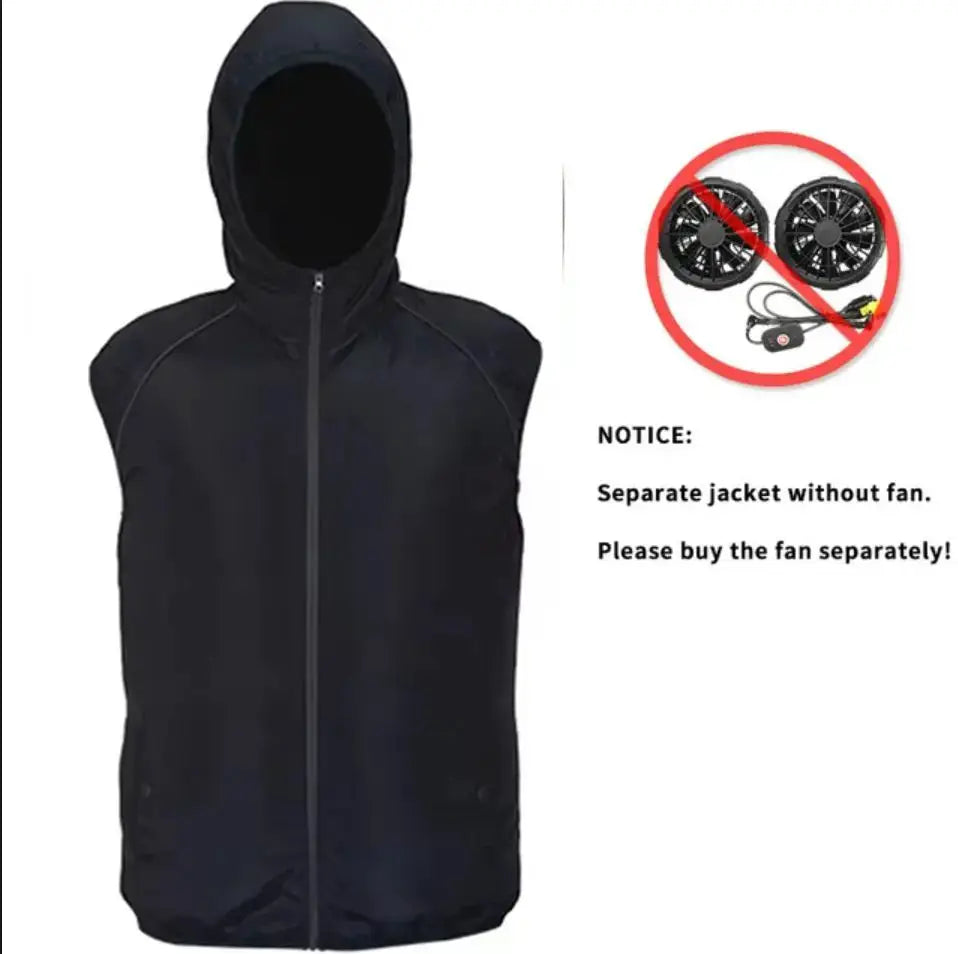 Hooded black ultralight outdoor vest with full-length zipper; windbreaker for summer travel—fan not included