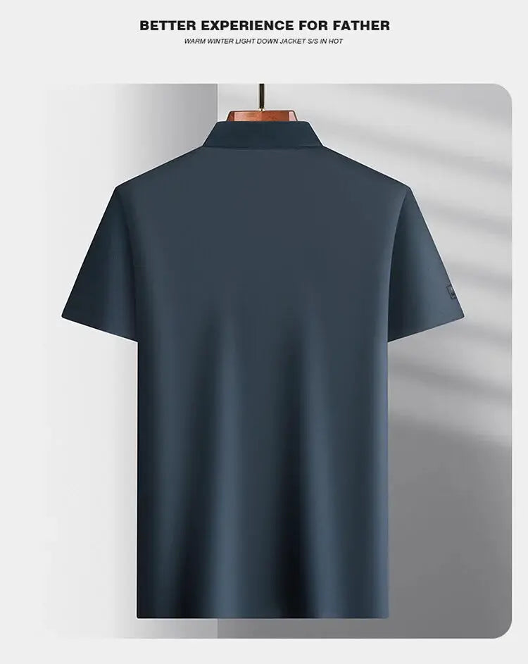 Simples Market navy blue ice-silk men's short-sleeve polo shirt, back view on hanger.