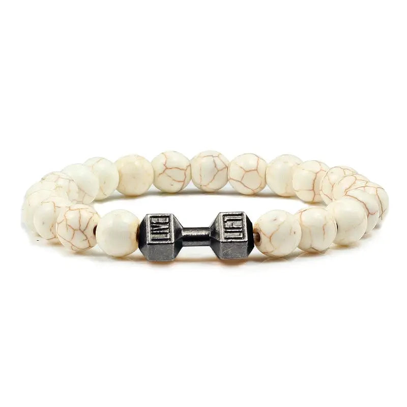 Natural Volcanic Stone Bracelet For Men And Women Matte Black Lava White Beads Dumbbell Charm Strand Fitness Jewelry