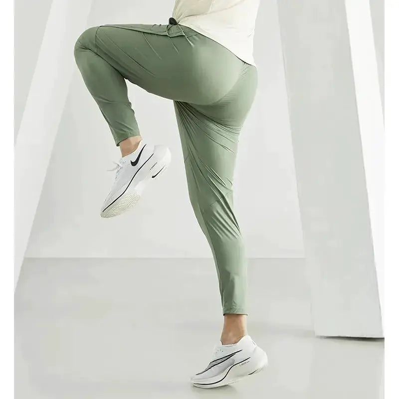 Men's running pants in olive green, quick-dry thin tracksuit with elastic waistband for gym fitness