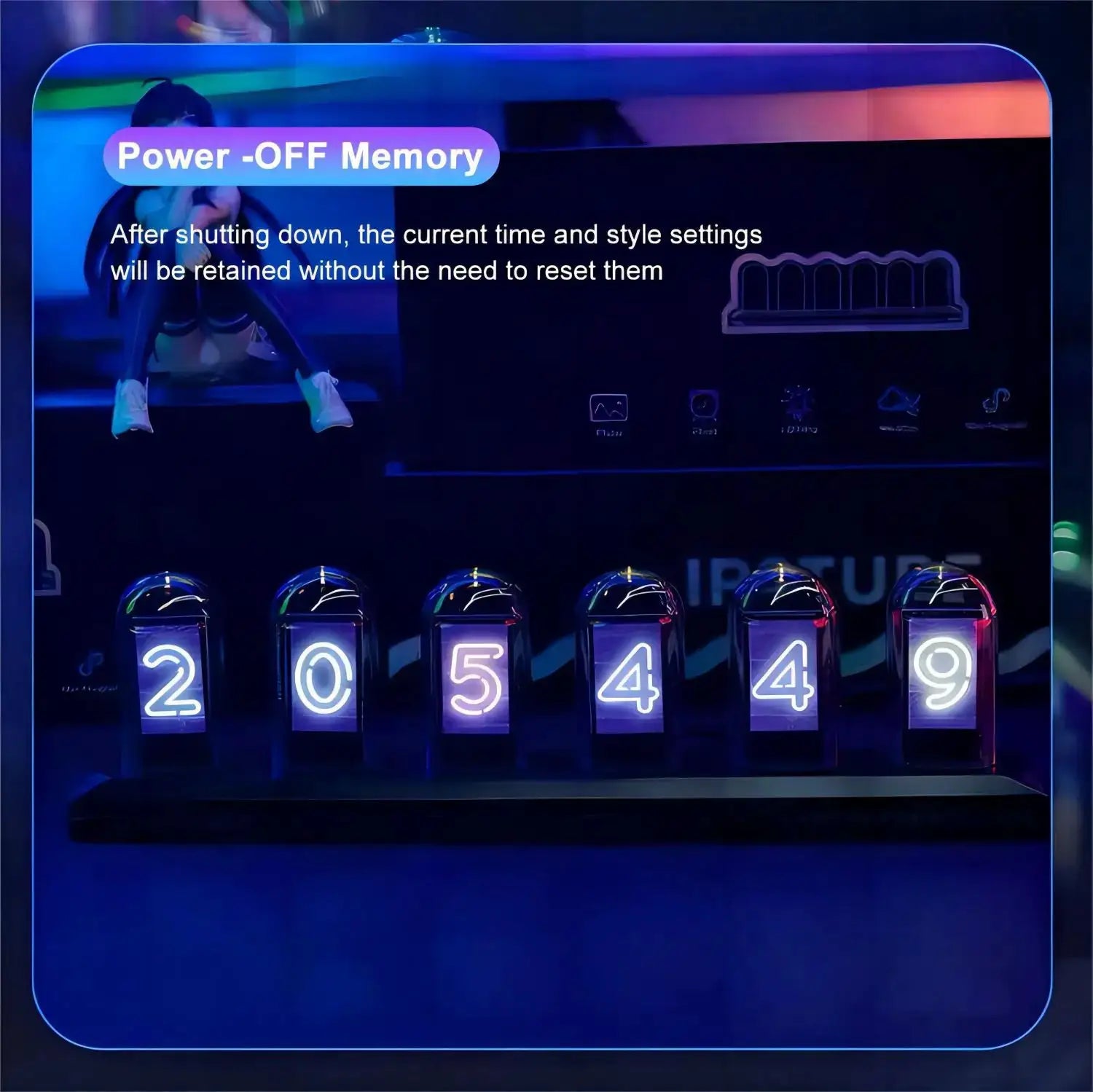 Simples Market Nixie Tube Clock RGB LED glow with IPS color screen, 6-tube desk display for home decor